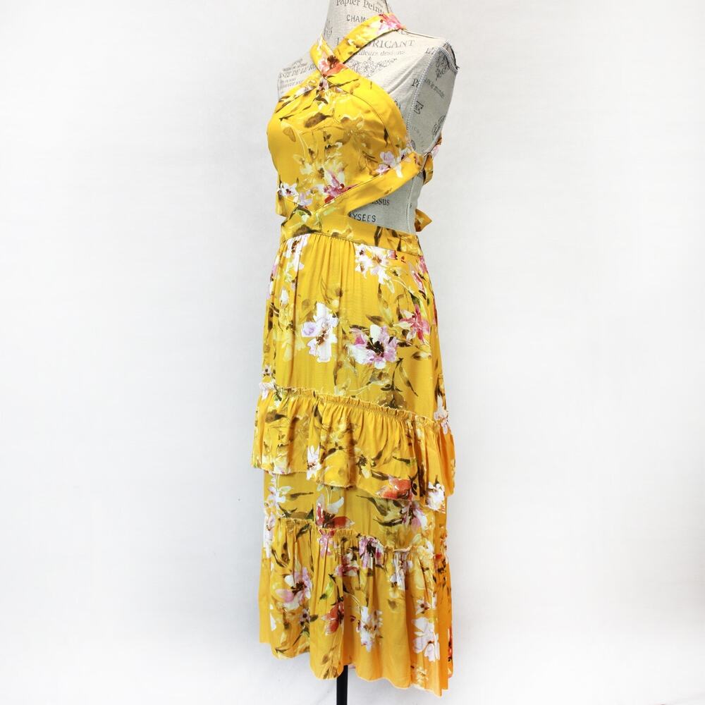 Blue Life Boho floral print fairy whimsical halter midi dress ruffles Medium